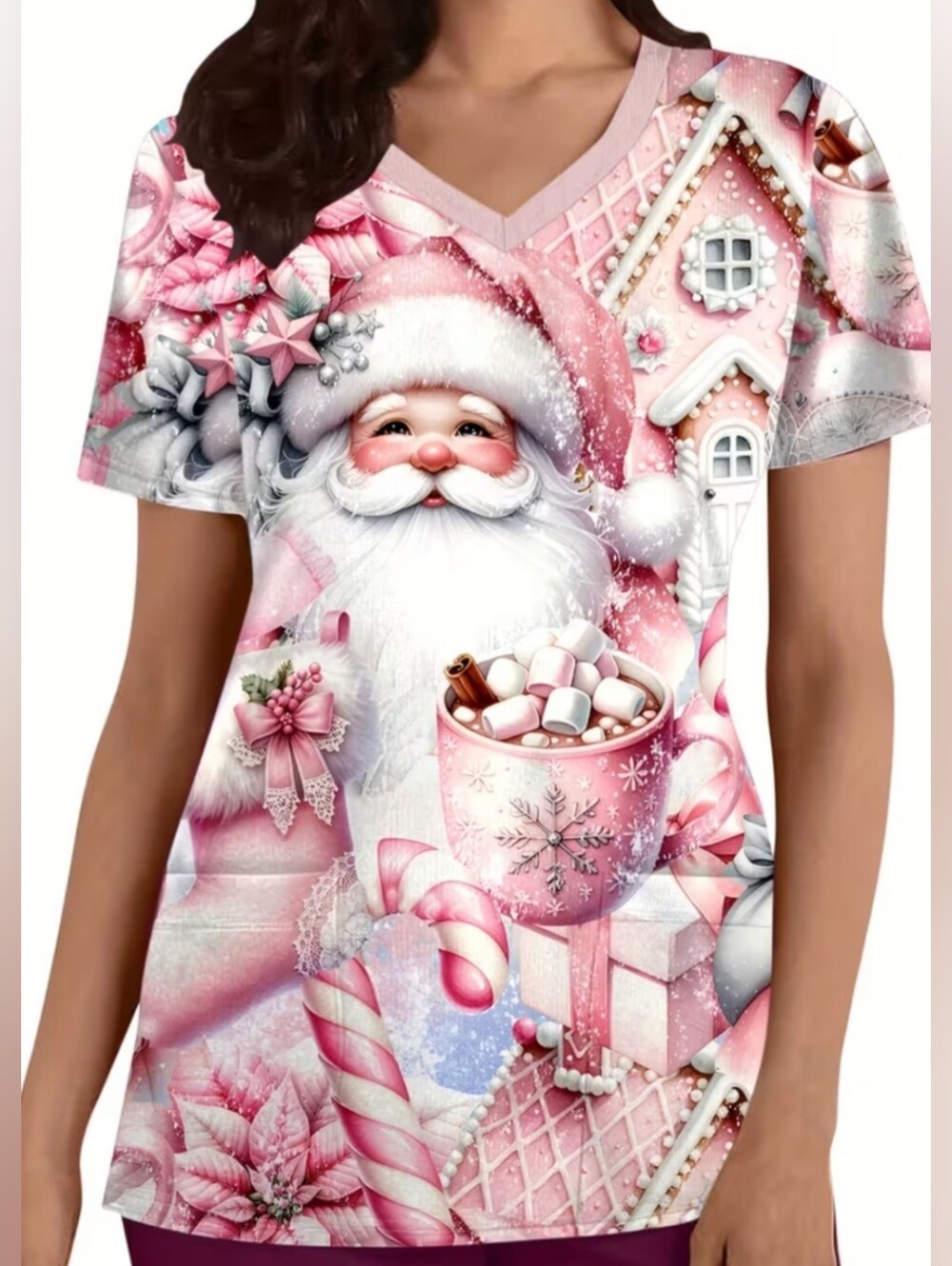 Scrub Top Pink Santa Print V-Neck Women's Large
